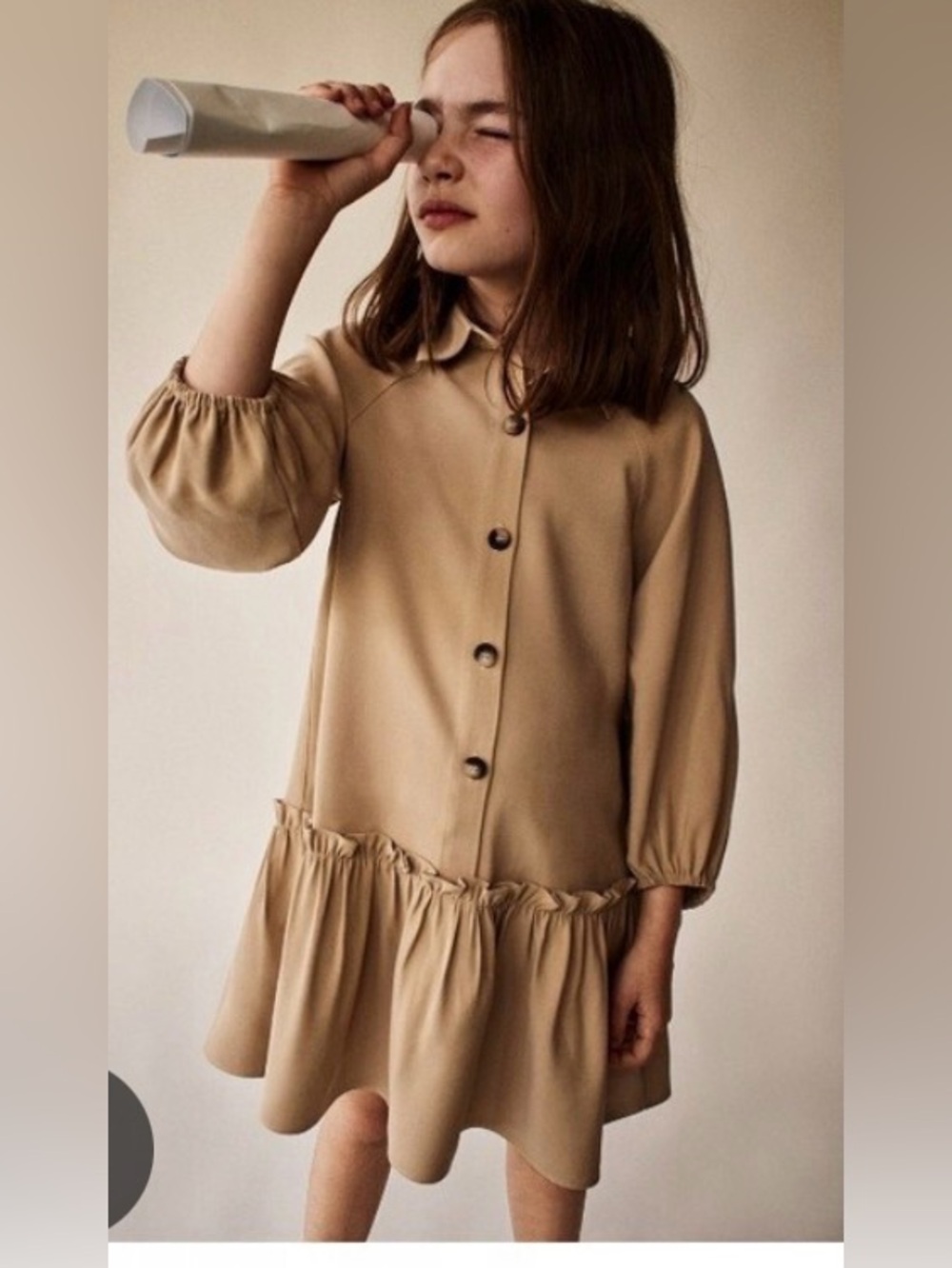 Zara Kids Camel Button-Front Ruffle Hem Shirt Dress Size 9 134cm
